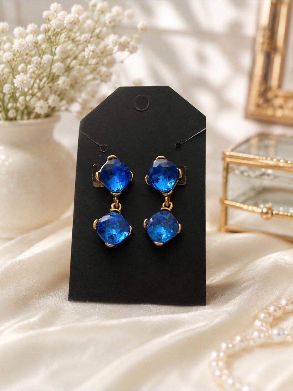 Blue Crystal Drop Earrings - Gold Setting